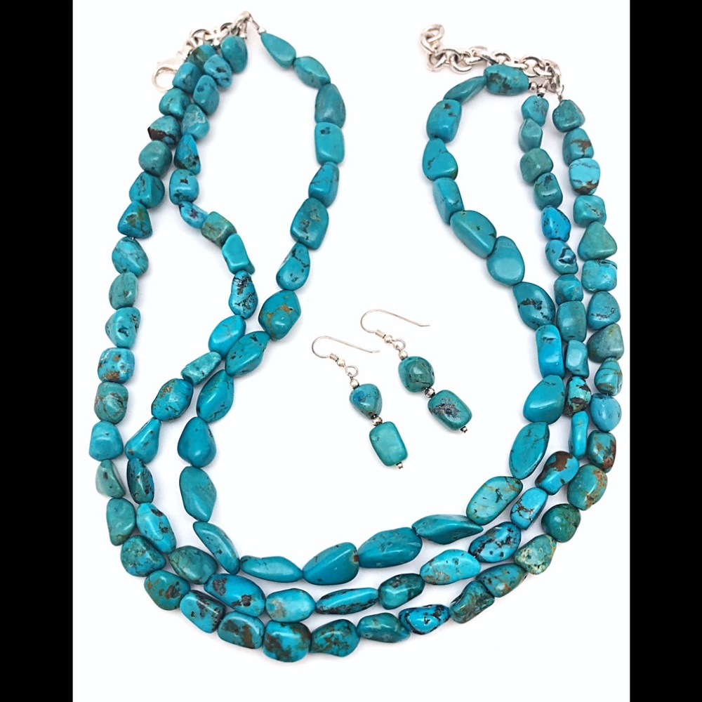 Chunky Triple Strand Turquoise Necklace with
Sterling Silver